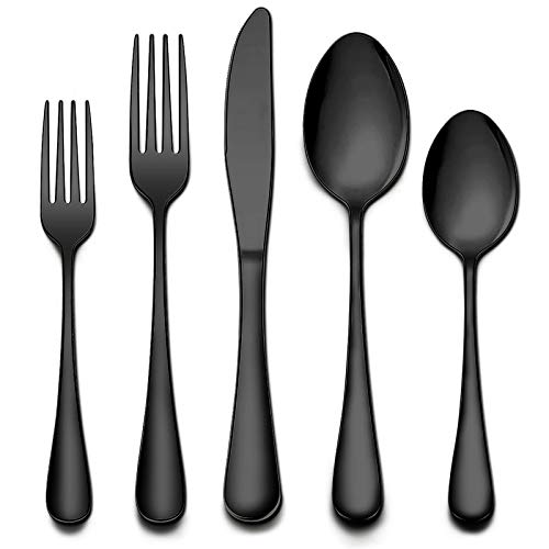 Black Silverware Set, Bastwe Stainless Steel Flatware Cutlery Set: Includes Knife/Fork/Spoon, Mirror Polished, Dishwasher Safe