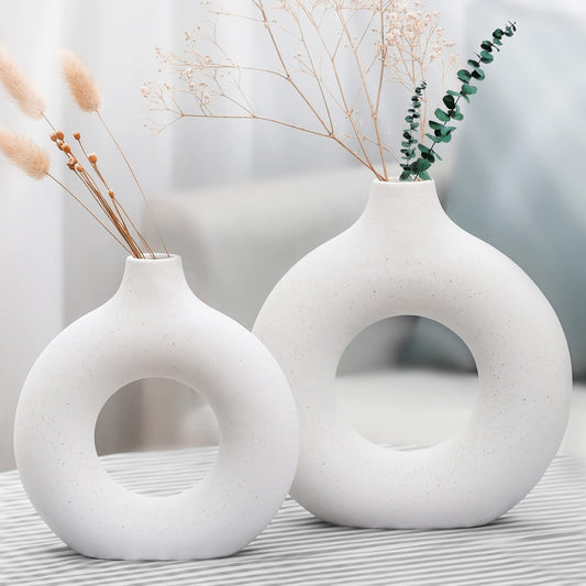 Chelity Ceramic Hollow Donut Vase Set of 2, Off White Vases for Decor Nordic Minimalism Style Decor for Wedding Dinner Table Party Living Room Office Bedroom (L9”*W8” Bottle Mouth 1 inch)
