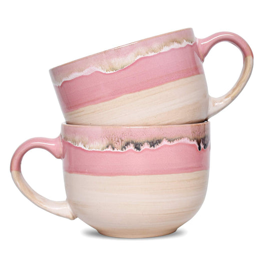 Bosmarlin Large Ceramic Coffee Mug Set of 2, Stoneware Jumbo Latte Mugs Tea for Office and Home, 16 Oz, Dishwasher and Microwave Safe(Pink, 2)