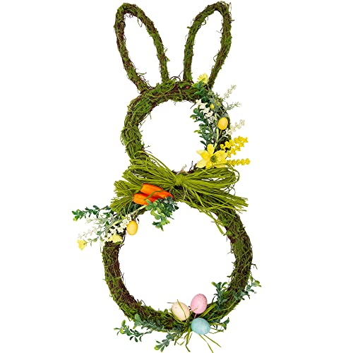27 Inch Easter Wreath Artificial Easter Rabbit Wreath Spring Bunny Wreath for Front Door Easter Decorations with Pastel Eggs Carrots and Flowers for Home Decorations